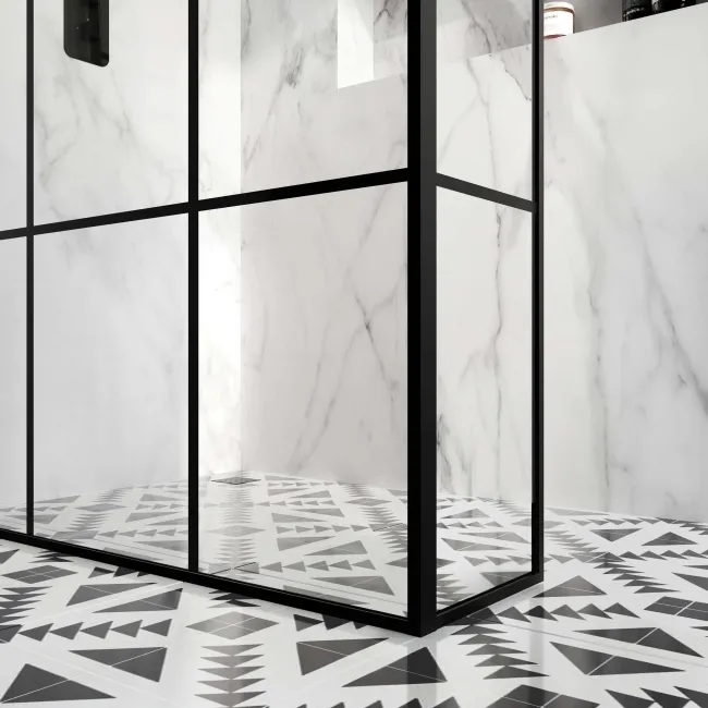 Munich Matt Black Grid 8mm Wet Room Shower Glass 1400mm & 250mm Return Panel