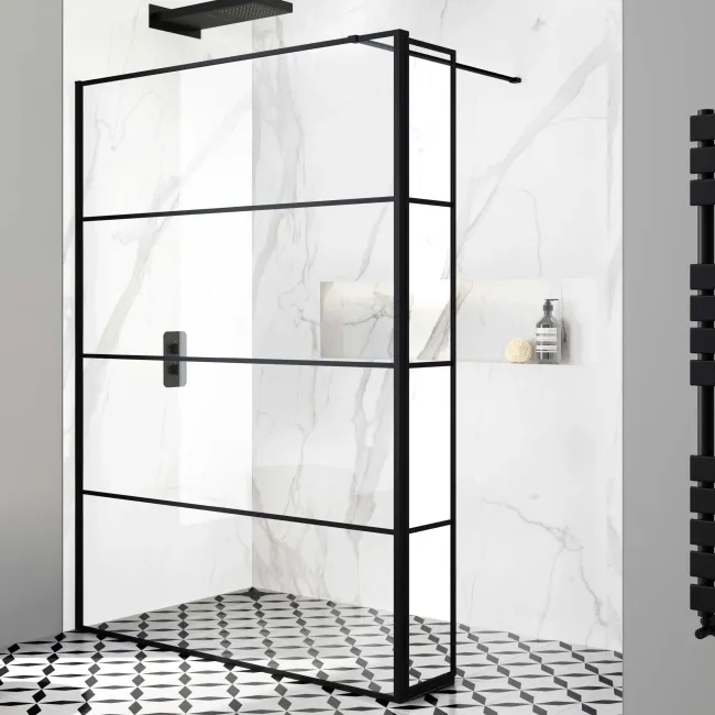 Munich Matt Black Grid 8mm Wet Room Shower Glass 1400mm & 250mm Pivotal Return Panel