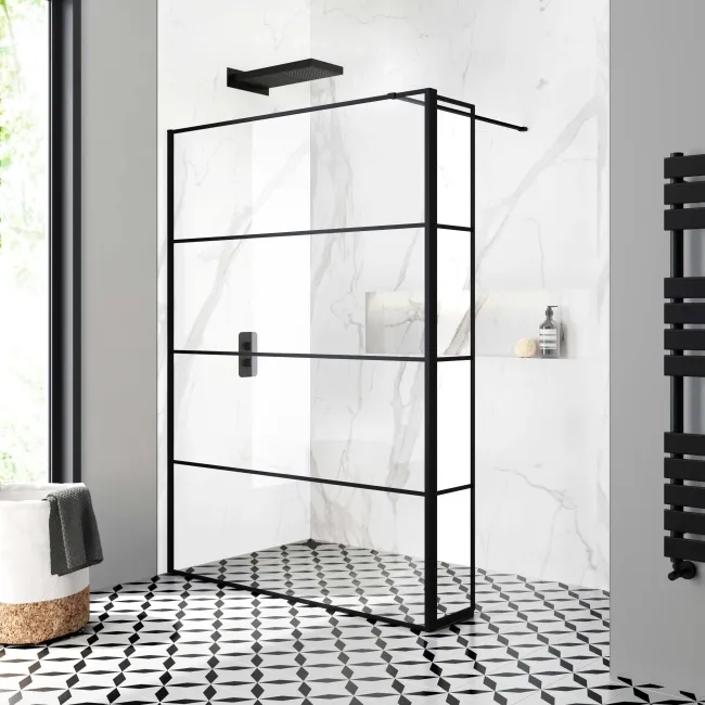 Munich Matt Black Grid 8mm Wet Room Shower Glass 1400mm & 250mm Pivotal Return Panel