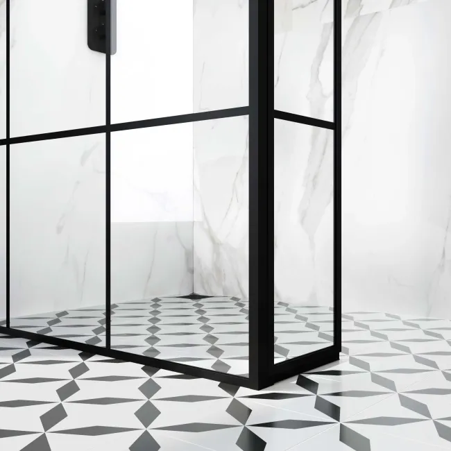 Munich Matt Black Grid 8mm Wet Room Shower Glass 1000mm & 250mm Pivotal Return Panel