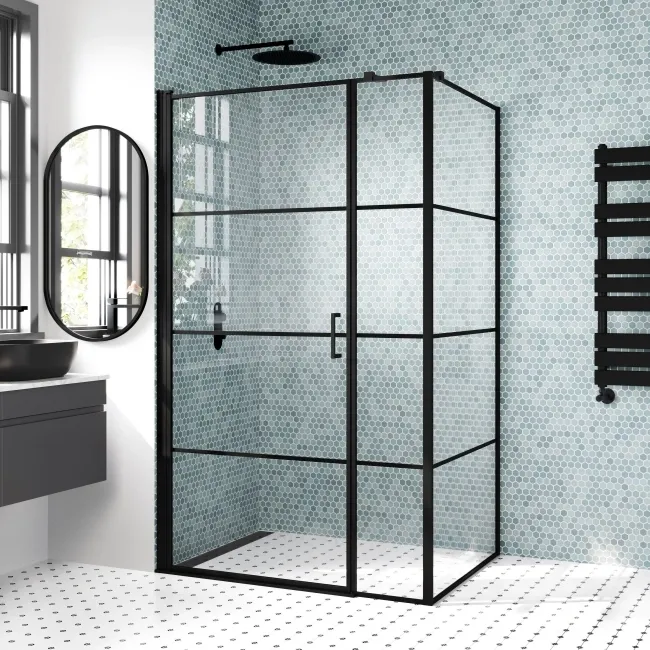 Toulon Matt Black Grid Easy Clean 6mm Pivot Shower Enclosure 1200x900mm