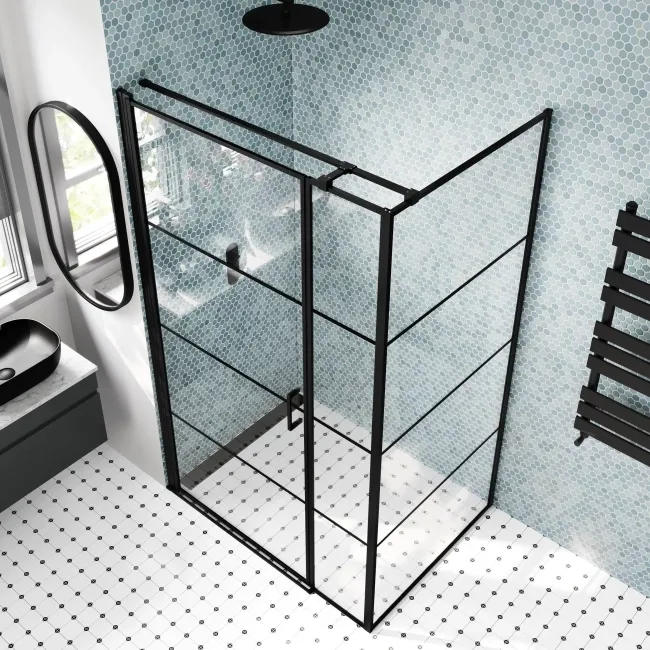 Toulon Matt Black Grid Easy Clean 6mm Pivot Shower Enclosure 1200x900mm