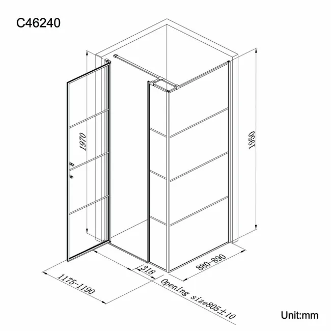 Toulon Matt Black Grid Easy Clean 6mm Pivot Shower Enclosure 1200x900mm