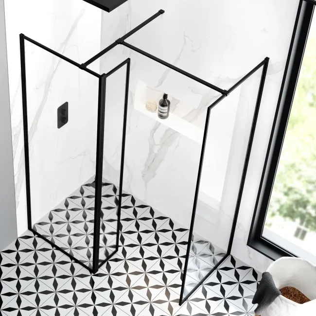 Munich Matt Black Framed 8mm Walk In Shower Enclosure 700mm & 800mm Glass with Pivotal Return Panel