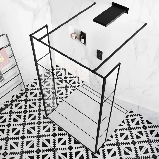Munich Matt Black Grid 8mm Walk Through Wet Room Shower Glass Panel 1100mm & 250mm Return Panel