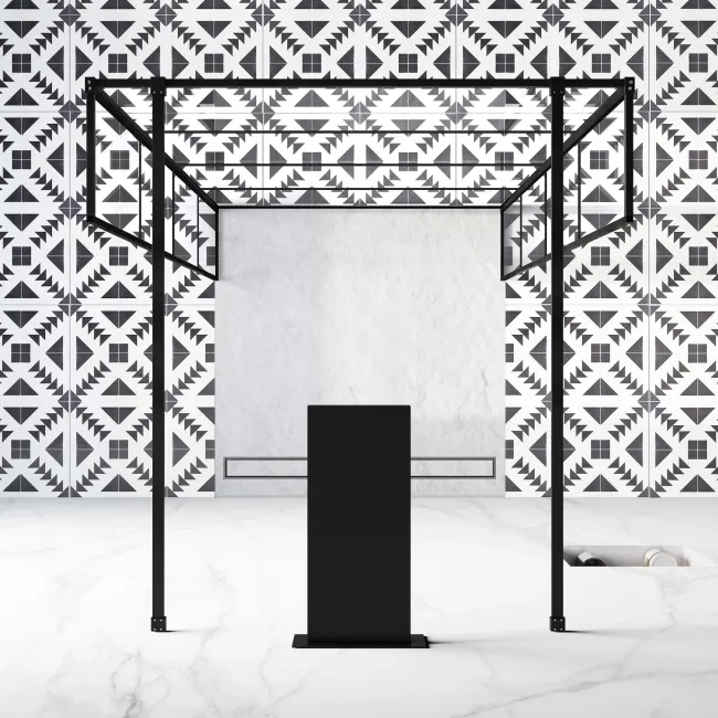 Munich Matt Black Grid 8mm Walk Through Wet Room Shower Glass Panel 1100mm & 250mm Return Panel