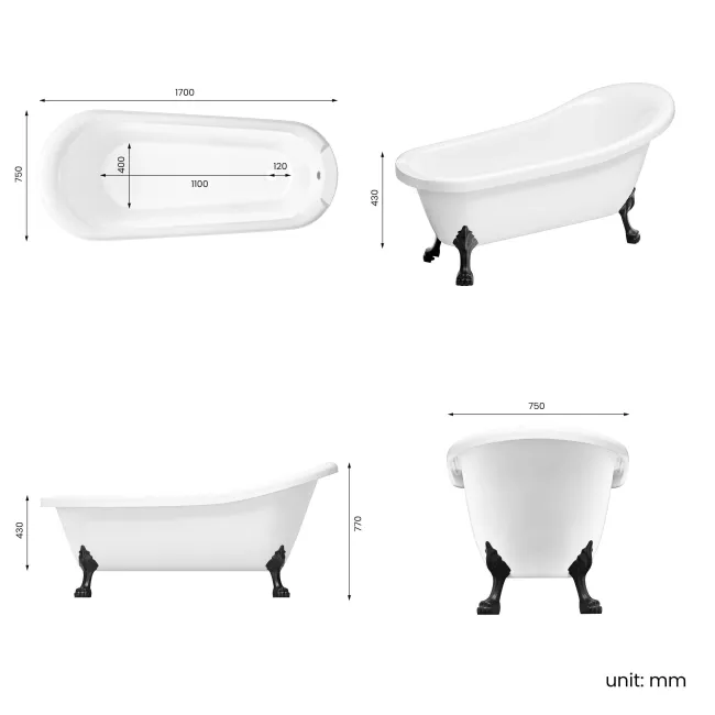 Highbury 1700mm Roll Top Slipper Bath - Black Claw Feet