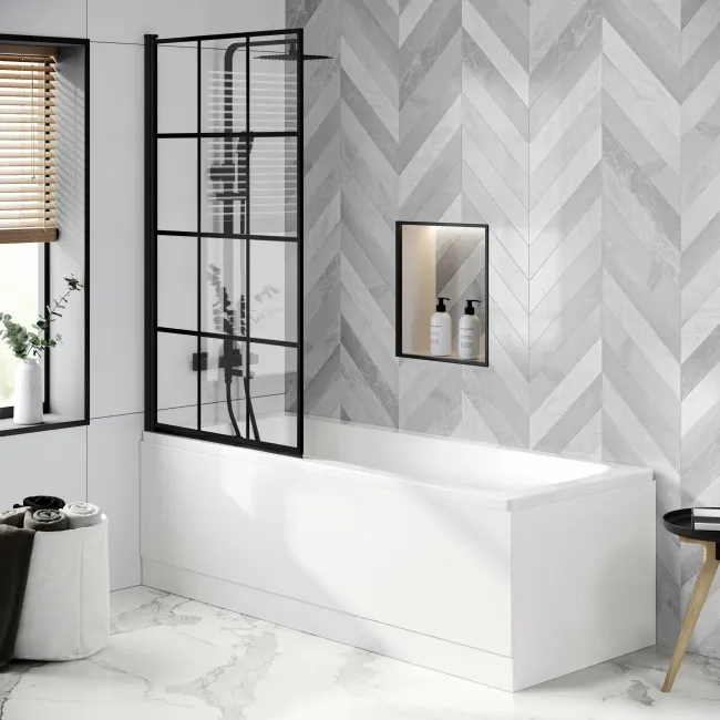 Hereford Square Shower Bath 1700x700 & 6mm Easy Clean Matt Black Grid Bath Screen