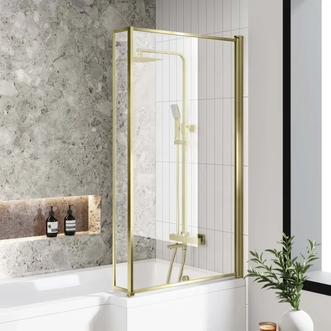 L Shaped 1700 Shower Bath with Front Panel & 6mm Easy Clean Brushed Brass Bath Screen - Right Handed