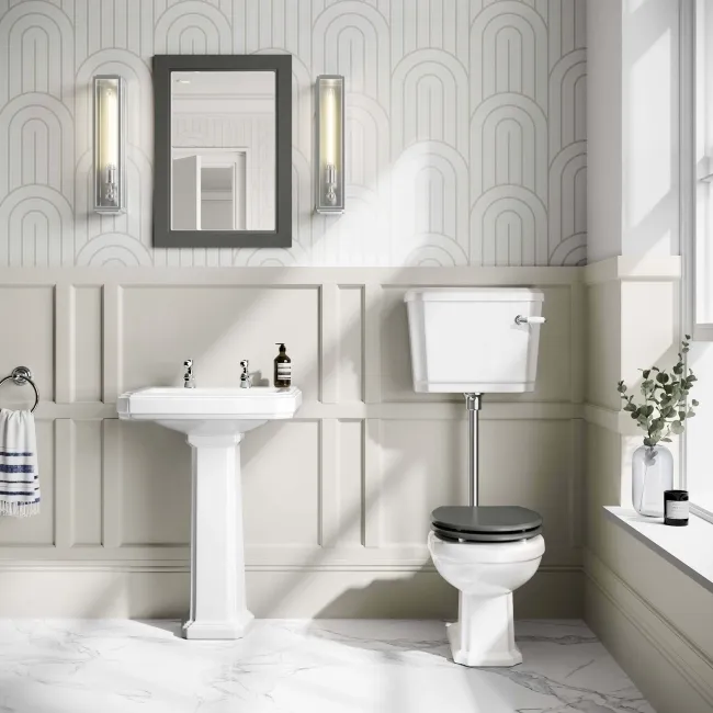 Hudson Traditional Low-Level Toilet With Graphite Grey Seat & Pedestal Basin - Double Tap Hole