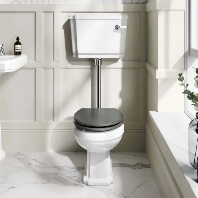 Hudson Traditional Low-Level Toilet With Graphite Grey Seat & Pedestal Basin - Double Tap Hole