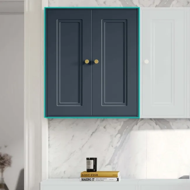 Inky Blue Wall Hung Cabinet 700x600mm - Brushed Brass Accents