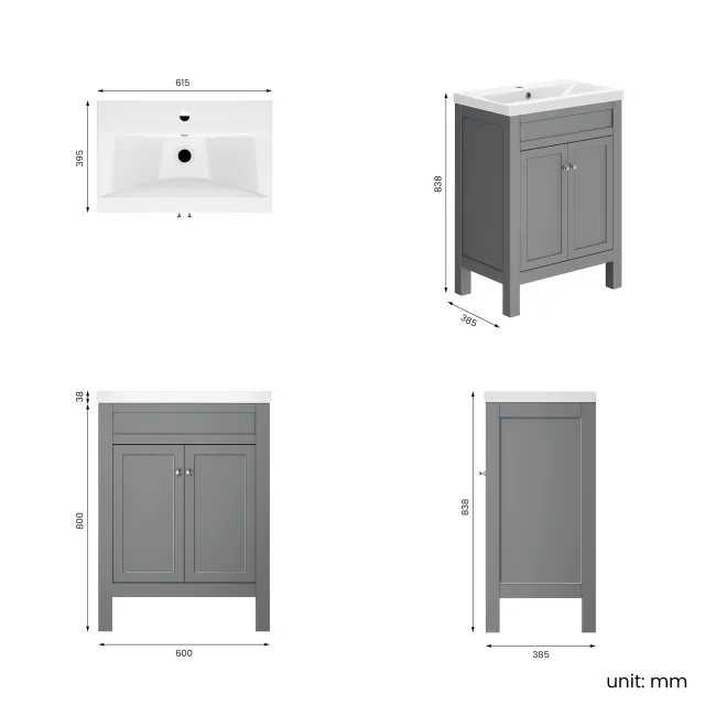 Bermuda Dove Grey Basin Vanity 600mm