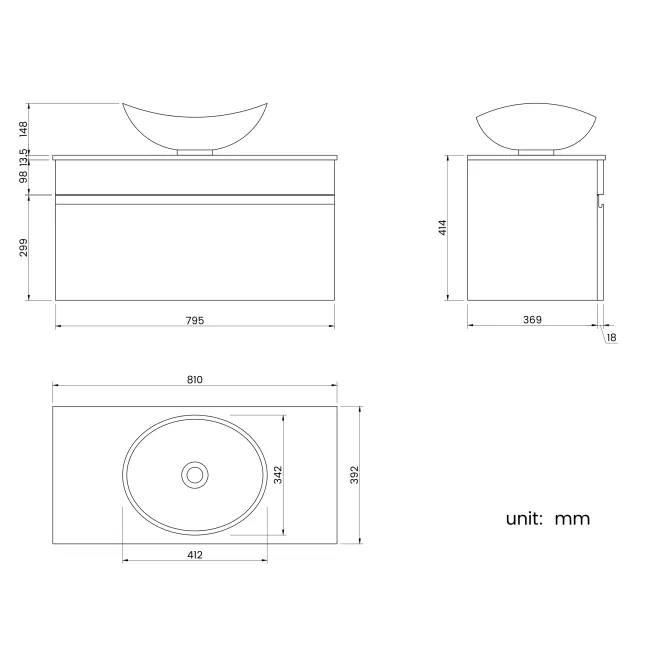 Trent Gloss White Wall Hung Drawer Vanity with Marble Top & Oval Counter Top Basin 800mm