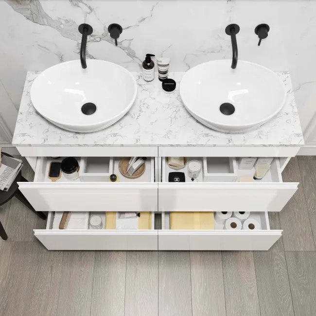Trent Gloss White Double Vanity Drawer with Marble Top & Oval Counter Top Basin 1200mm
