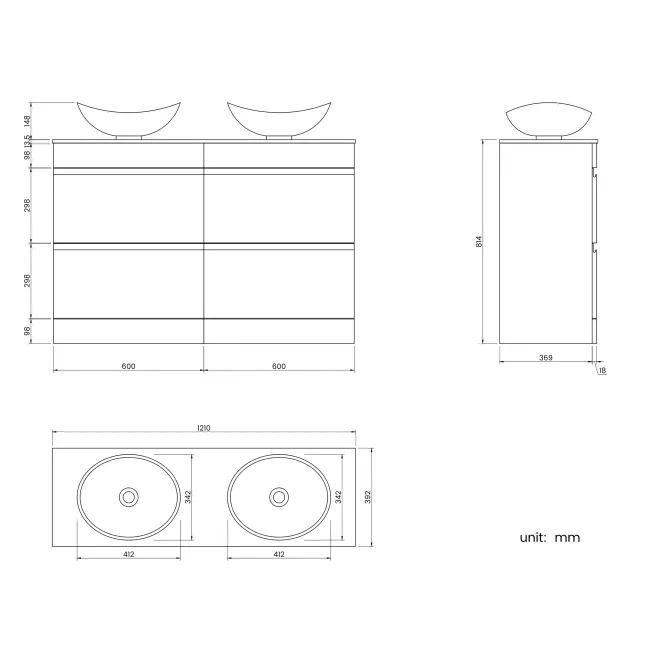 Trent Gloss White Double Vanity Drawer with Marble Top & Oval Counter Top Basin 1200mm