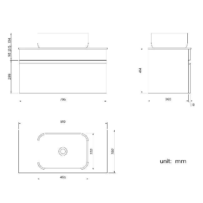 Trent Stone Grey Wall Hung Drawer Vanity with Marble Top & Curved Counter Top Basin 800mm