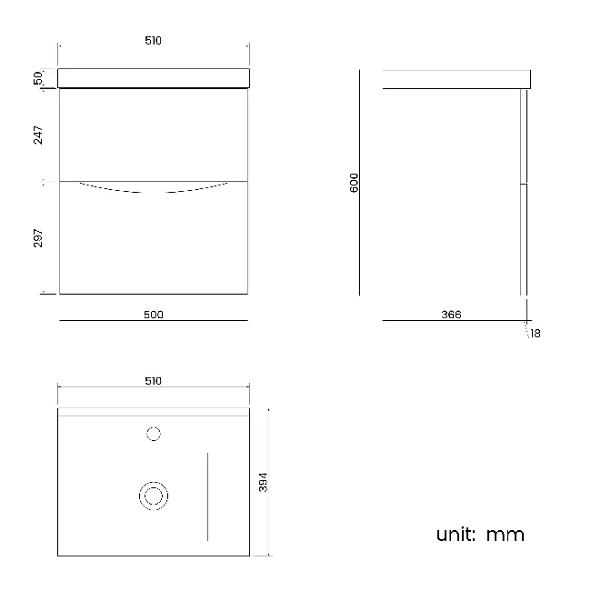 Austin Gloss White Wall Hung Basin Drawer Vanity 500mm