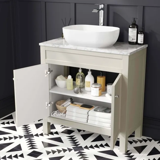 Bermuda Chalk White Vanity with Marble Top & Curved Counter Top Basin 800mm