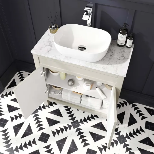 Bermuda Chalk White Vanity with Marble Top & Curved Counter Top Basin 800mm