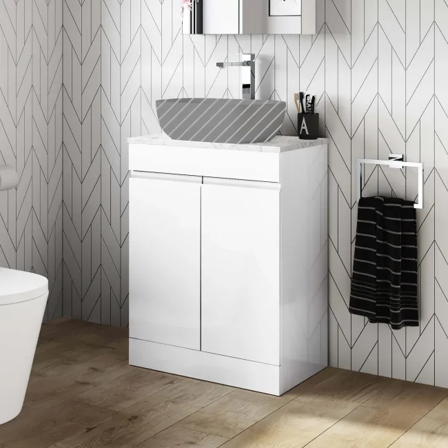 Trent Gloss White Cabinet with Marble Top 600mm - Excludes Counter Top Basin
