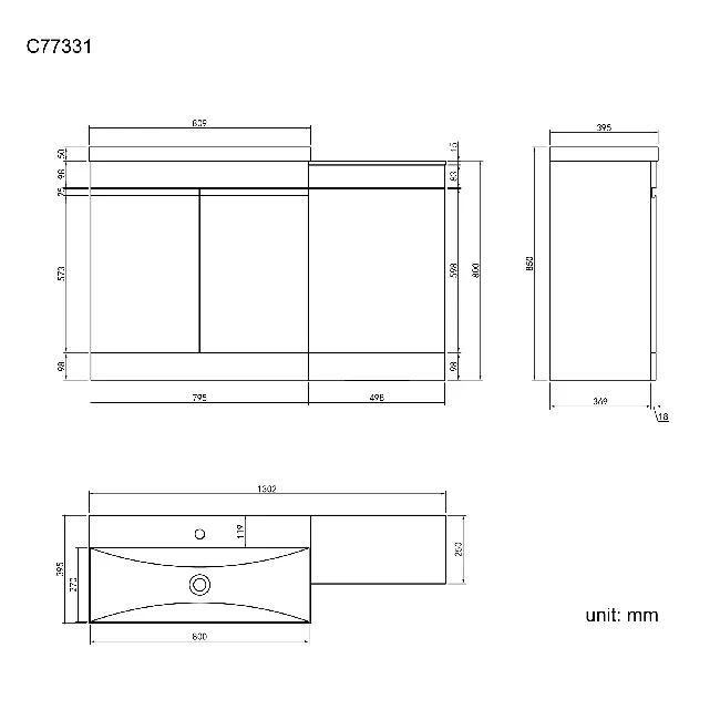 Trent Gloss White Basin Vanity and Back To Wall Unit 1300mm