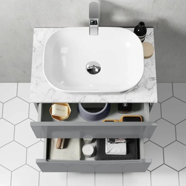 Austin Stone Grey Wall Hung Drawer Vanity with Marble Top & Curved Counter Top Basin 600mm