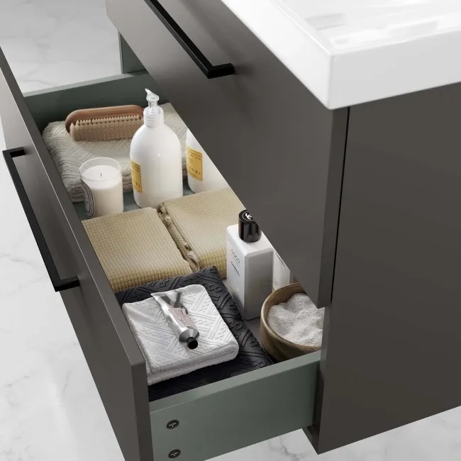 Elba Graphite Grey Wall Hung Basin Drawer Vanity 800mm - Black Accents