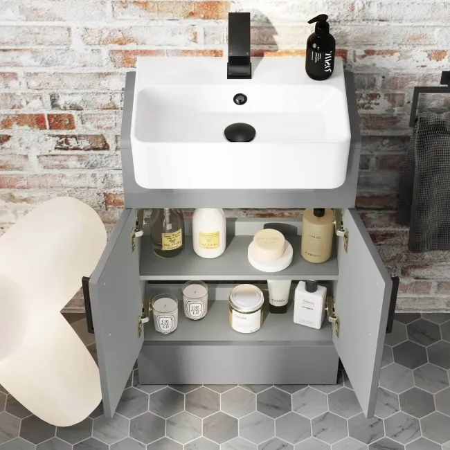 Harper Stone Grey Vanity with Semi Recessed Basin 500mm - Black Accents