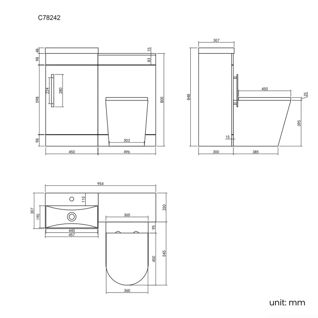 Avon Stone Grey Combination Vanity Basin and Boston Toilet 950mm - Black Accents