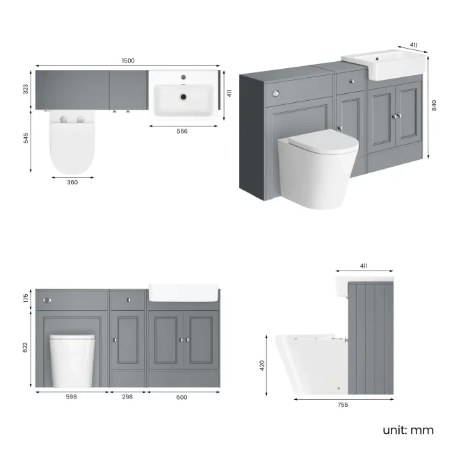 Monaco Dove Grey Combination Vanity Basin and Boston Toilet 1500mm