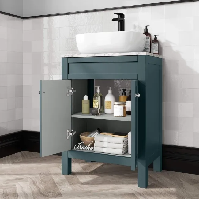 Bermuda Midnight Green Vanity with Marble Top & Curved Counter Top Basin 600mm