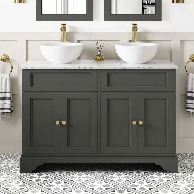 Lucia Graphite Grey Double Vanity with Marble Top & Round Counter Top Basin 1200mm - Brushed Brass Accents