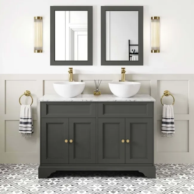 Lucia Graphite Grey Double Vanity with Marble Top & Round Counter Top Basin 1200mm - Brushed Brass Accents