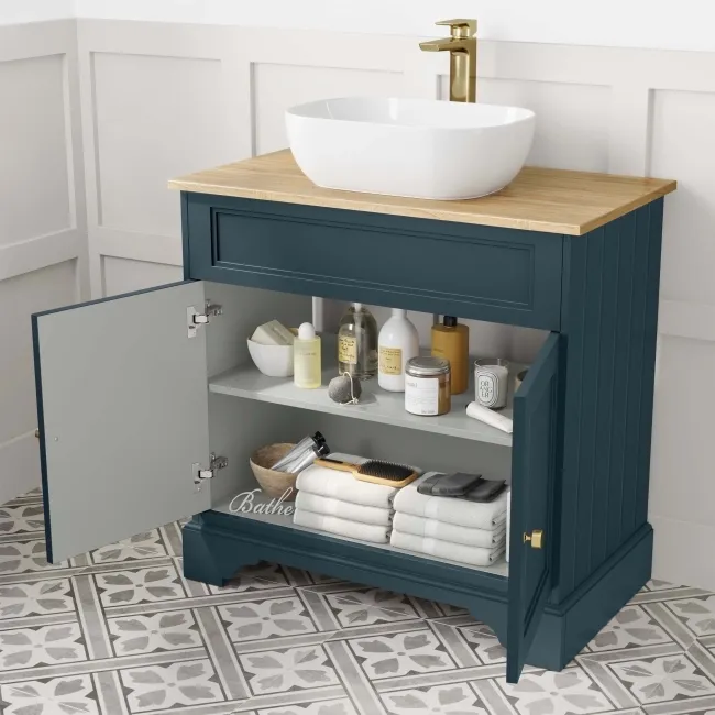 Lucia Inky Blue Vanity with Oak Effect Top & Curved Counter Top Basin 840mm - Brushed Brass Accents