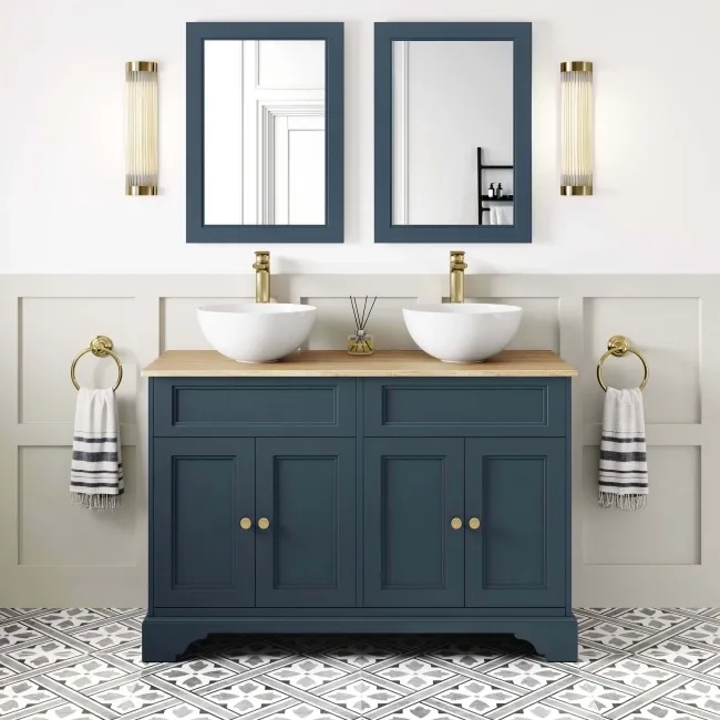 Lucia Inky Blue Double Vanity with Oak Effect Top & Round Counter Top Basin 1200mm - Brushed Brass Accents