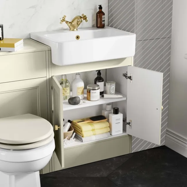 Monaco Chalk White Combination Vanity Basin and Hudson Toilet with Wooden Seat 1200mm - Brushed Brass Accents