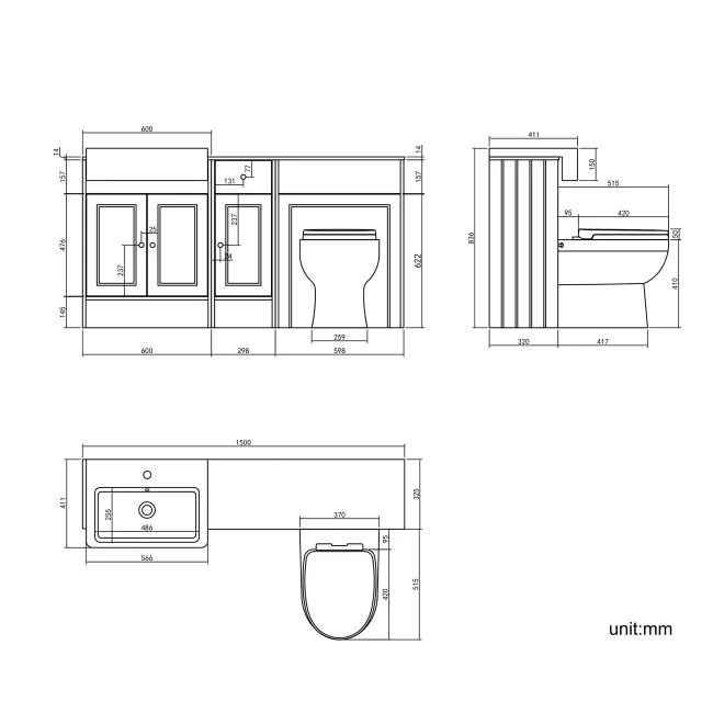 Monaco Chalk White Combination Vanity Basin with Marble Top and Seattle Toilet 1500mm - Brushed Brass Accents