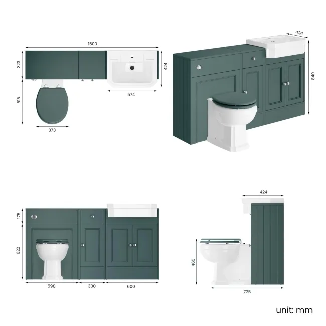 Monaco Midnight Green Combination Vanity Traditional Basin and Hudson Toilet with Wooden Seat 1500mm