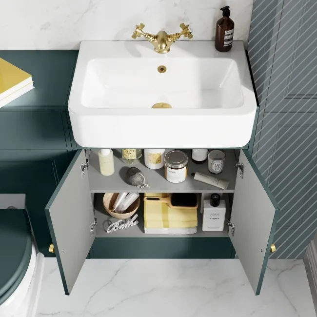 Monaco Midnight Green Combination Vanity Basin and Hudson Toilet with Wooden Seat 1200mm - Brushed Brass Accents