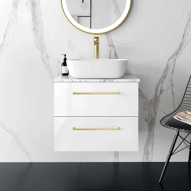 Elba Gloss White Wall Hung Drawer Vanity with Marble Top & Curved Counter Top Basin 600mm - Brushed Brass Accents