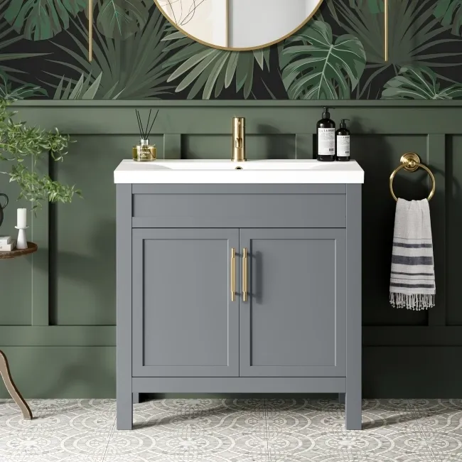 Bermuda Dove Grey Basin Vanity 800mm - Brass Knurled Handles