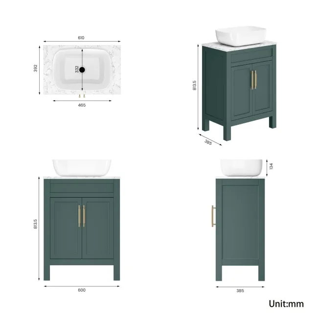Bermuda Midnight Green Vanity with Marble Top & Curved Counter Top Basin 600mm - Brass Knurled Handles