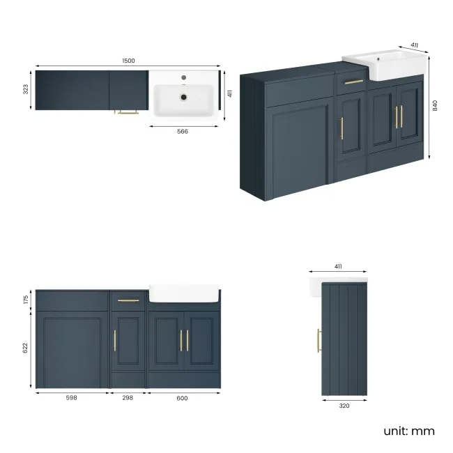 Monaco Inky Blue Basin Vanity and Back To Wall Unit 1500mm (Excludes Pan & Cistern) - Brass Knurled Handles