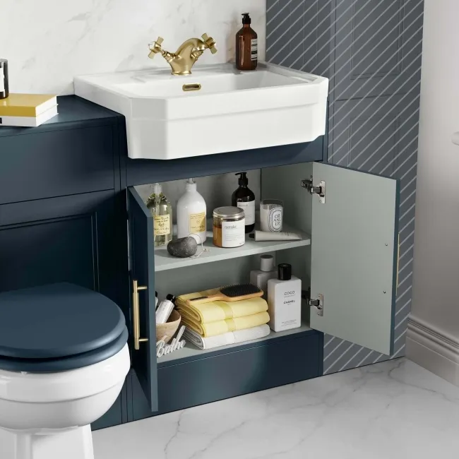 Monaco Inky Blue Combination Vanity Traditional Basin and Hudson Toilet with Wooden Seat 1200mm - Brass Knurled Handles