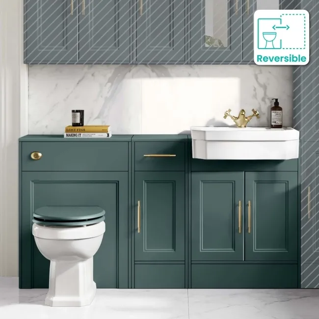 Monaco Midnight Green Combination Vanity Traditional Basin and Hudson Toilet with Wooden Seat 1500mm - Brass Knurled Handles
