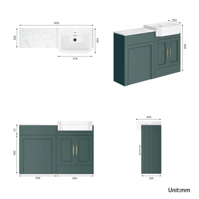 Monaco Midnight Green Combination Vanity Traditional Basin with Marble Top 1200mm (Excludes Pan & Cistern) - Brass Knurled Handles
