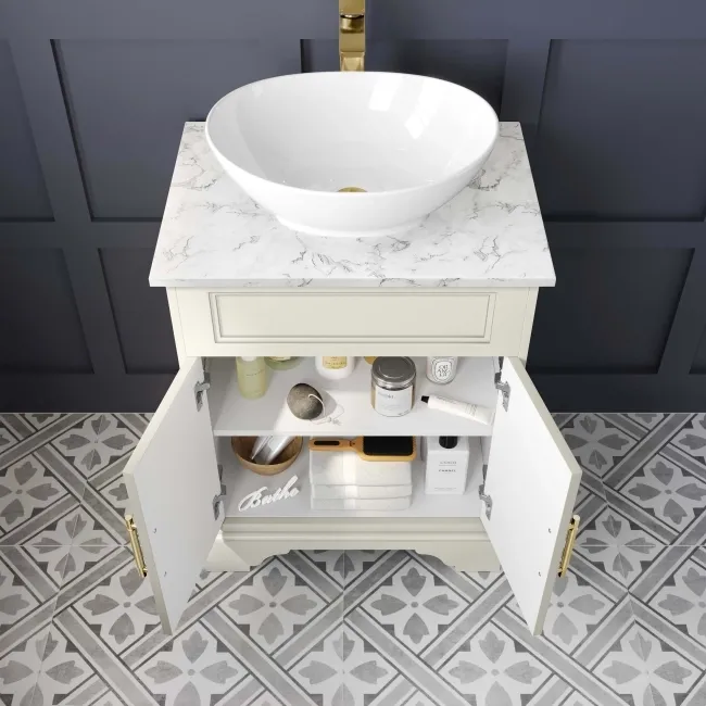 Lucia Chalk White Vanity with Marble Top & Oval Counter Top Basin 640mm - Brass Knurled Handles