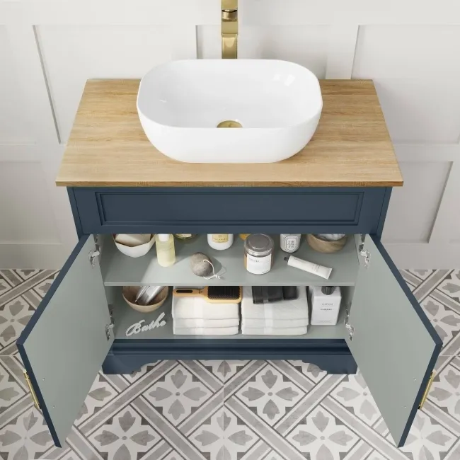 Lucia Inky Blue Vanity with Oak Effect Top & Curved Counter Top Basin 840mm - Brass Knurled Handles