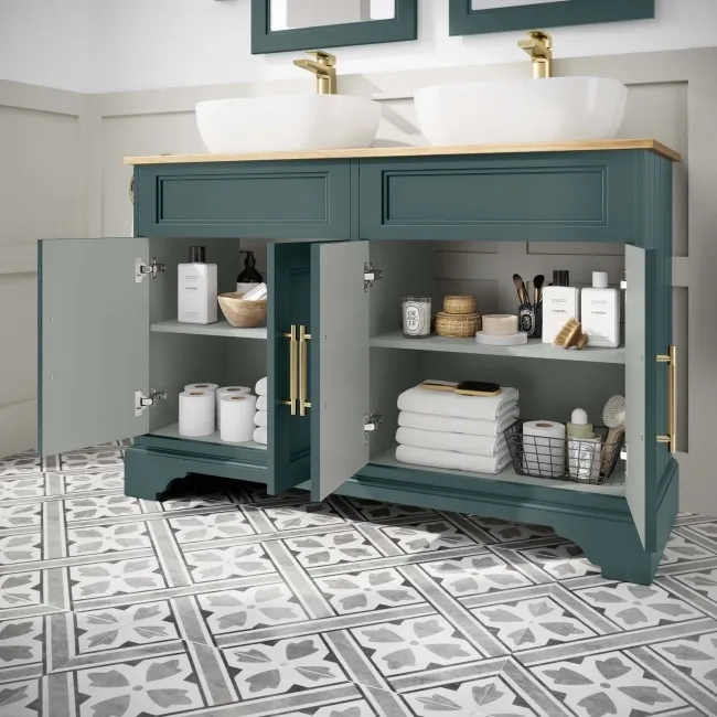 Lucia Midnight Green Double Vanity with Oak Effect Top & Curved Counter Top Basin 1200mm - Brass Knurled Handles